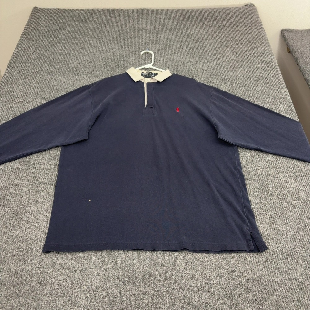 Vintage Polo Ralph Lauren Rugby Shirt Mens L Navy Cotton Distressed Streetwear